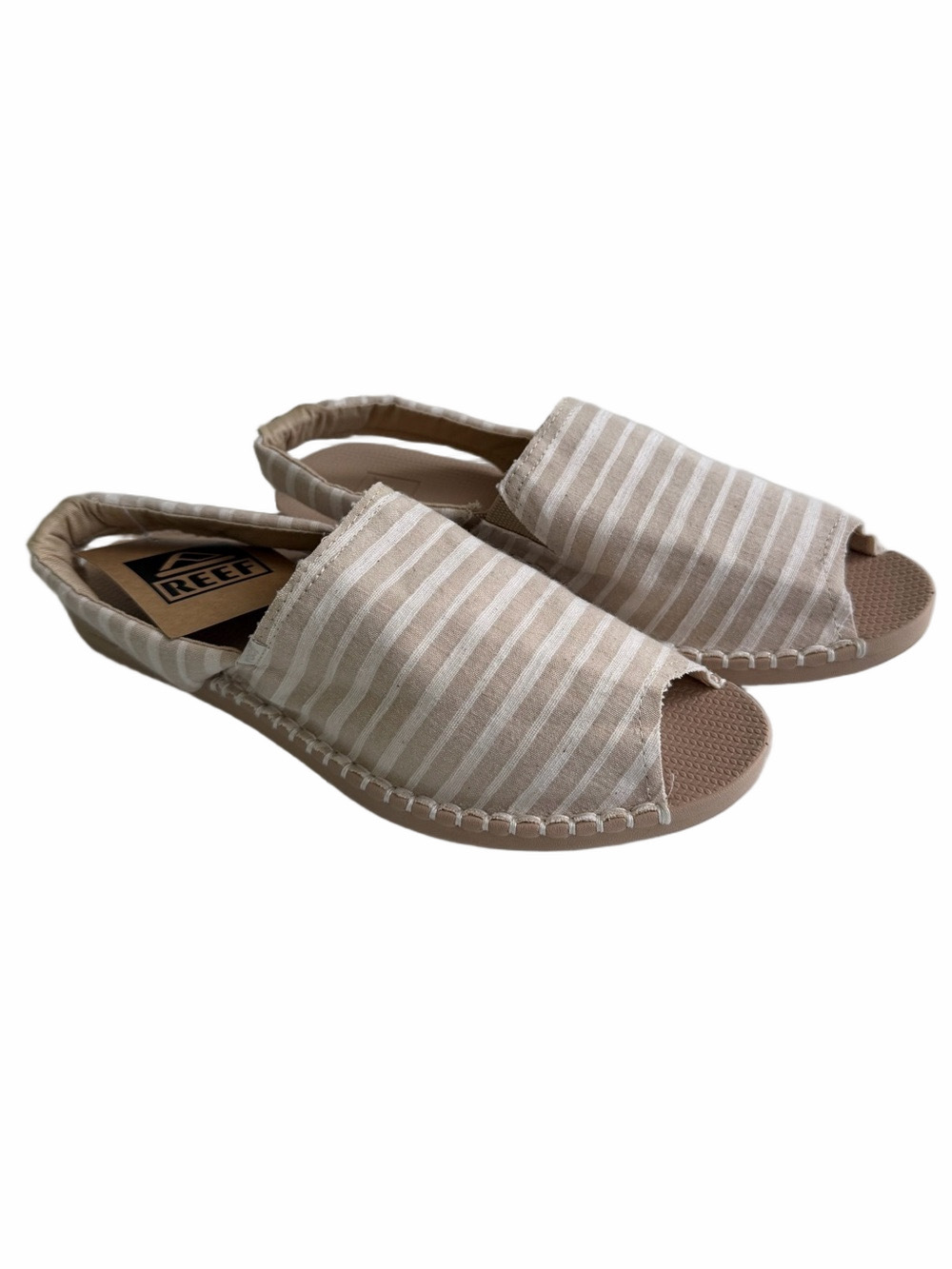 NWT REEF Escape Sling Size 10 Open Toe Slingback Striped Natural Tan Off-white